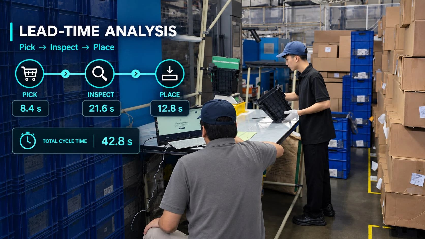 Pick → Inspect → Place cycle timing over a packing station