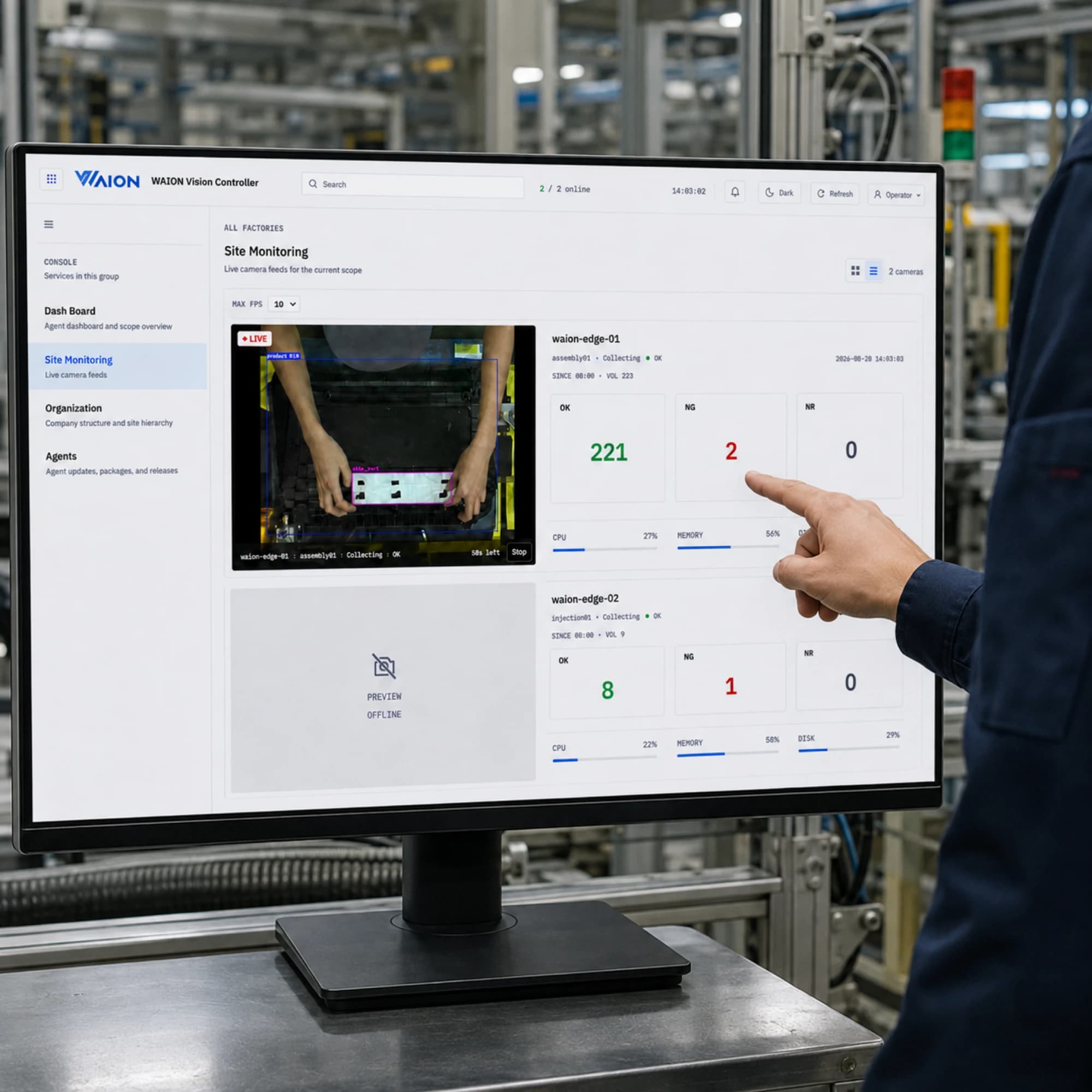 Vision Controller console on a monitor beside a production line